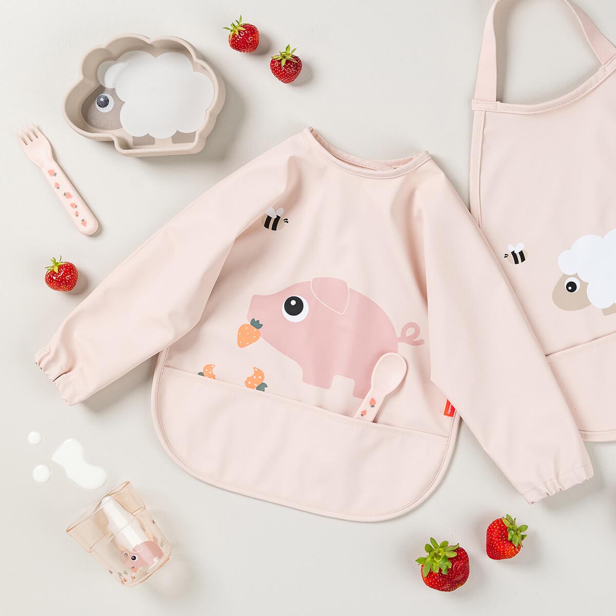 Done by Deer Sleeved Pocket Bib Tiny Farm Powder