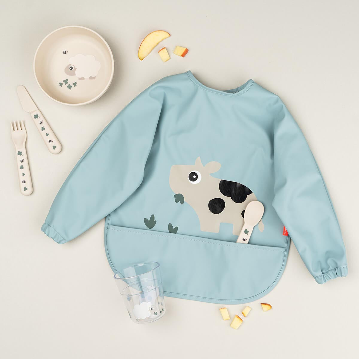 Done by Deer Sleeved Pocket Bib Tiny Farm Blue